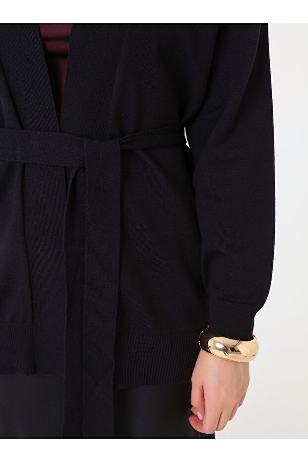 Kemerli Triko Hırka - Siyah - - 5