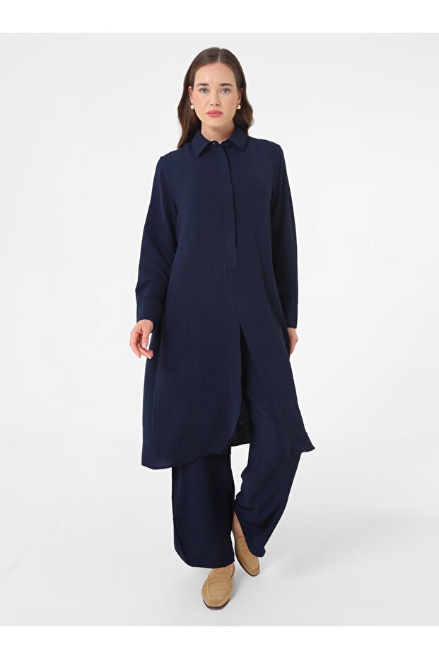 Front Slit Half-Patch Tunic Trousers Two-Piece Set - Navy Blue - - 1