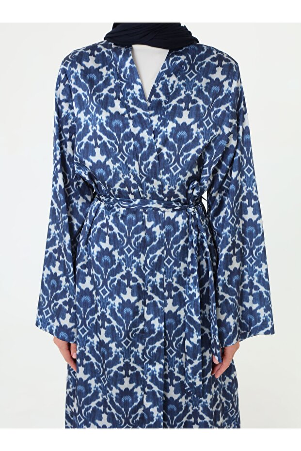 طقم بنطلون كيمونو بحزام منقوش - منقوش باللون الأزرق - - 4