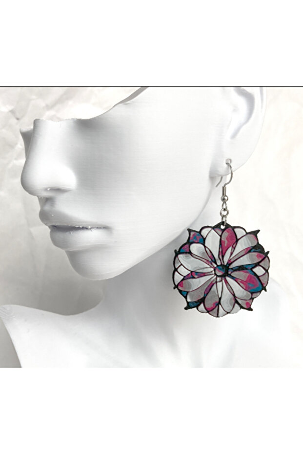 Stained Glass Flower Earrings - Special Design Round Dangle Earrings with Black Frame and Colorful Petals