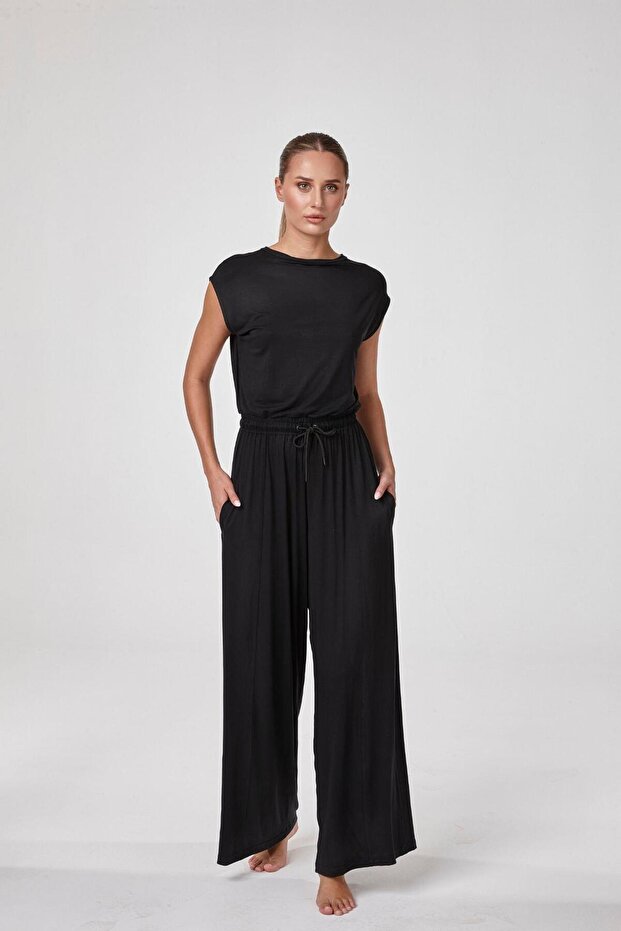 Women's Black Backless Wide Leg Modal Premium Jumpsuit C7T4N5O2