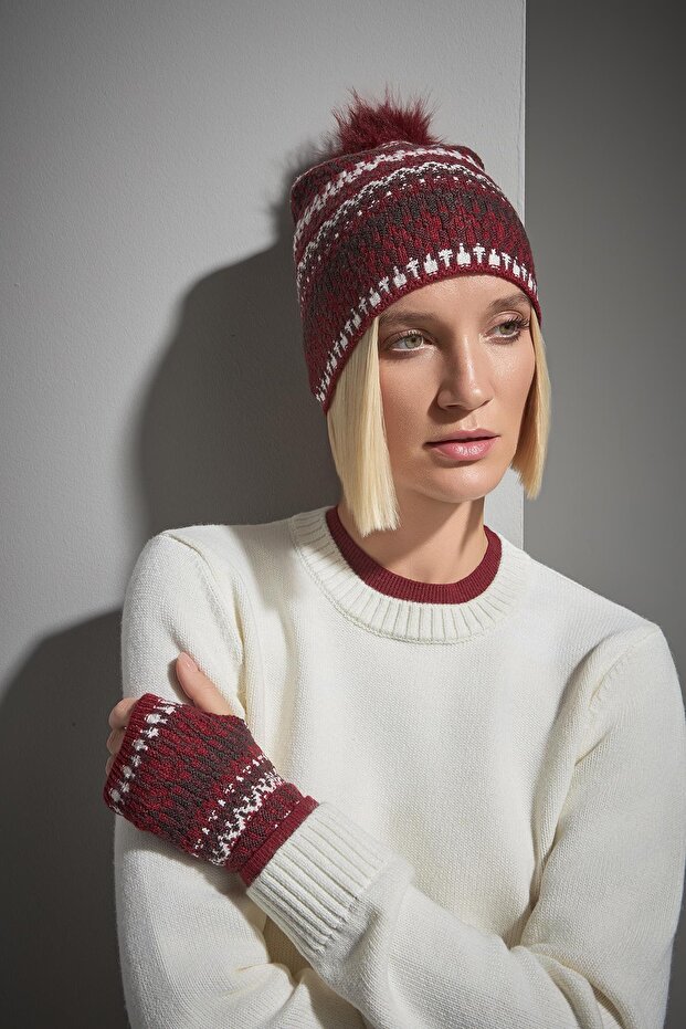 Desenli Bordo Triko Eldiven - 4