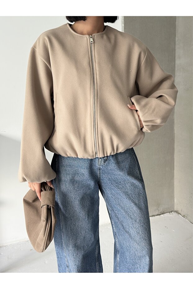 Kadın Bej Kaşe Bomber Ceket - 2