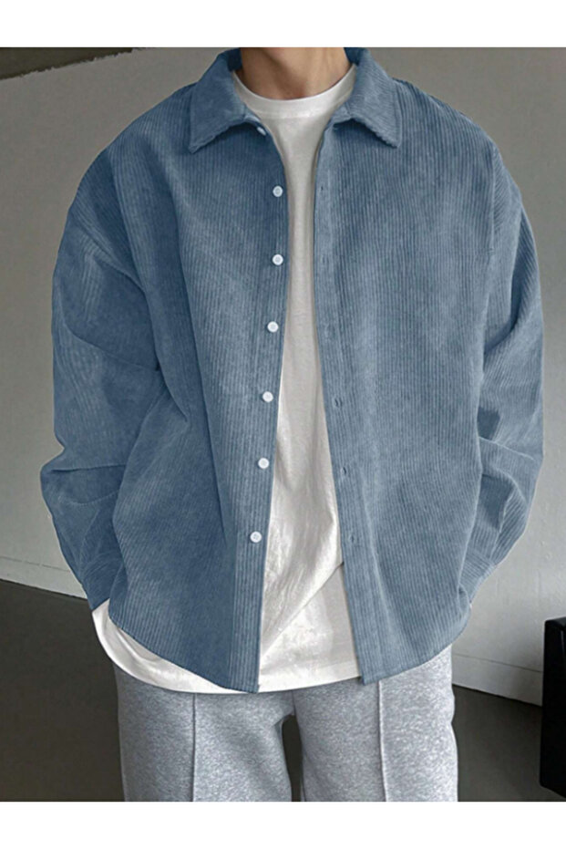 Erkek Kadife Gömlek Uzun Kollu Owersize Erkek Gömleği - 1