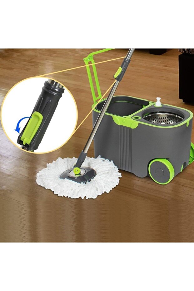 Rotating mop set with 360° bucket, adjustable handle, stainless steel spinner, wheels, detergent container - 12