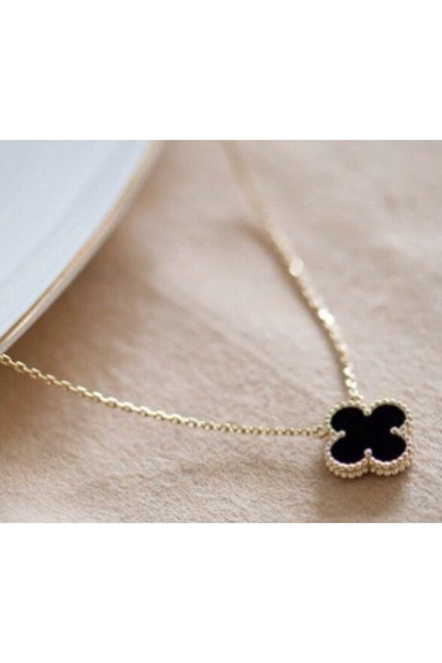 Siyah Tek Yonca Model Kolye - 4