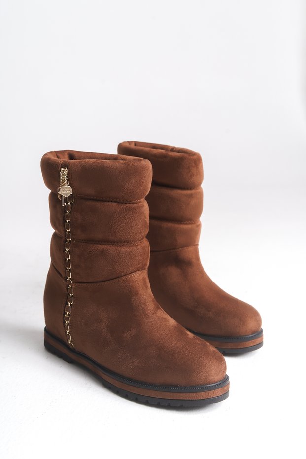 Women's Zipperless Chain Detailed Brown Hidden Wedge Heel Stylish Daily Boots