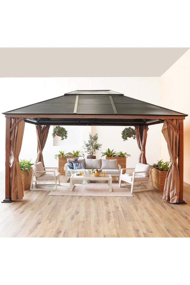 Jasmy Outdoor Gazebo with Curtains - Black/Brown - 3.6x4.6 M - 2-Year Warranty Included