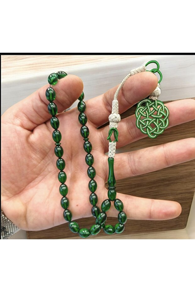 Green Color Kazaz Tassel Trimmed Barley Cut Fire Amber Prayer Beads