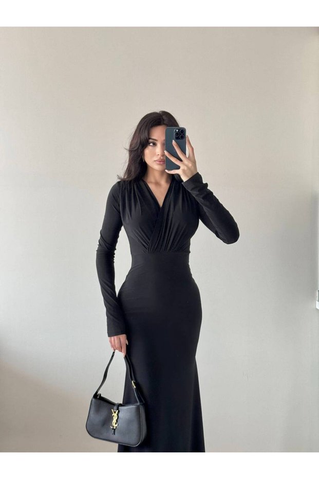 Women's Black Long Sleeve V Neck Shirred Maxi Dress