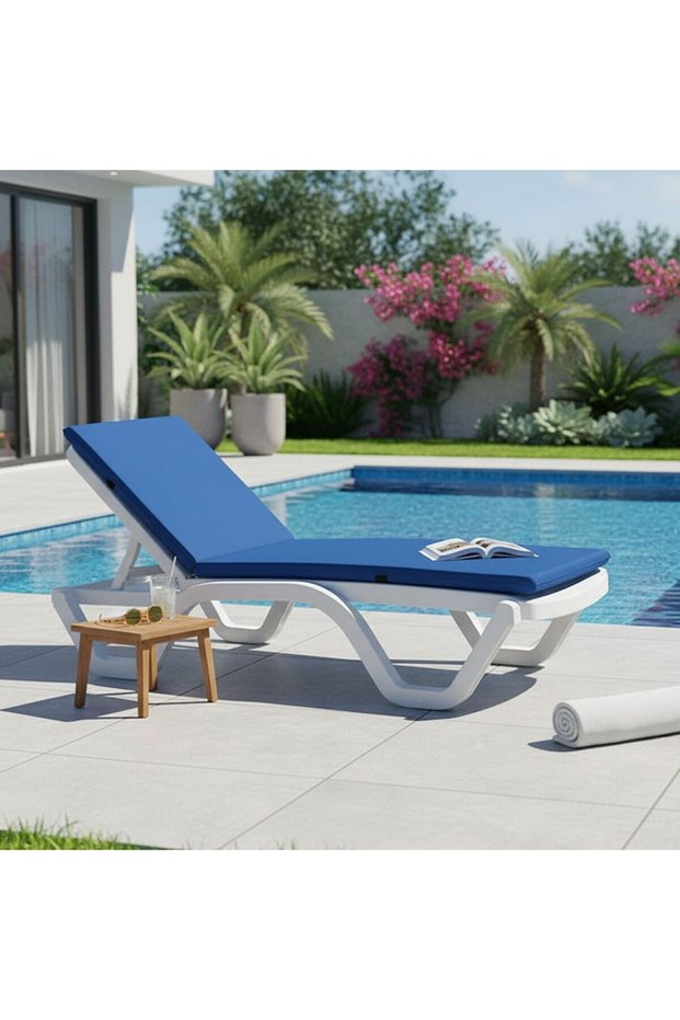 Emily Lounger Cushion - Waterproof Textile, Blue Outdoor Sun Lounger Cushion (Lounger Not Included)