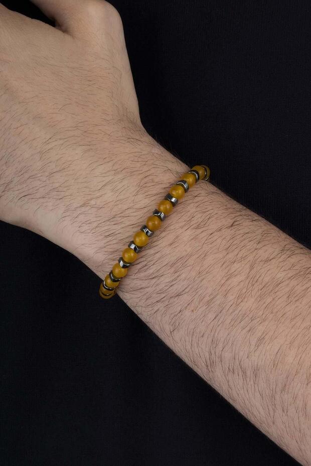 Hematite Transitional Round Cut Yellow Ceyt Stone Men's Bracelet