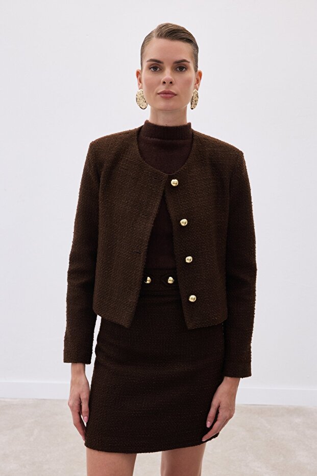 جاكيت تويد قصير - بني - 5