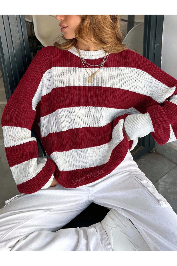 Women's Crew Neck Striped Oversize Knitwear Sweater Fmoda602