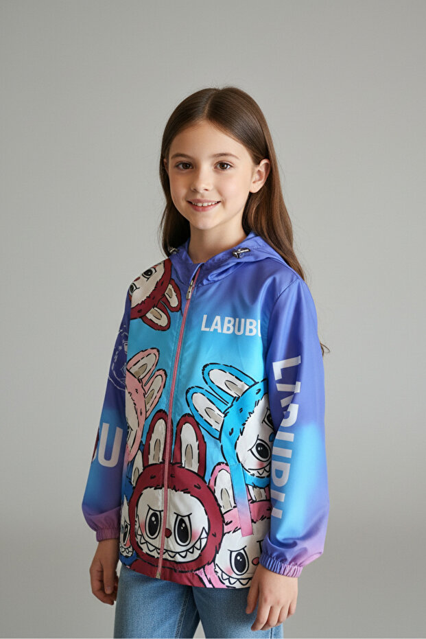 Girl's Labubu Character Printed Hooded Waterproof Raincoat