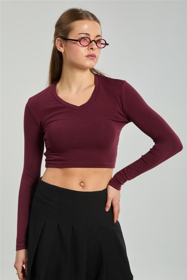 Women's V-Neck Long Sleeve Bodysuit - Burgundy