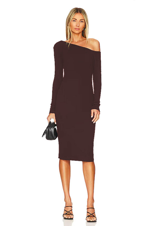 Women's Double Layer Jersey Fabric Off-Shoulder Midi Dress