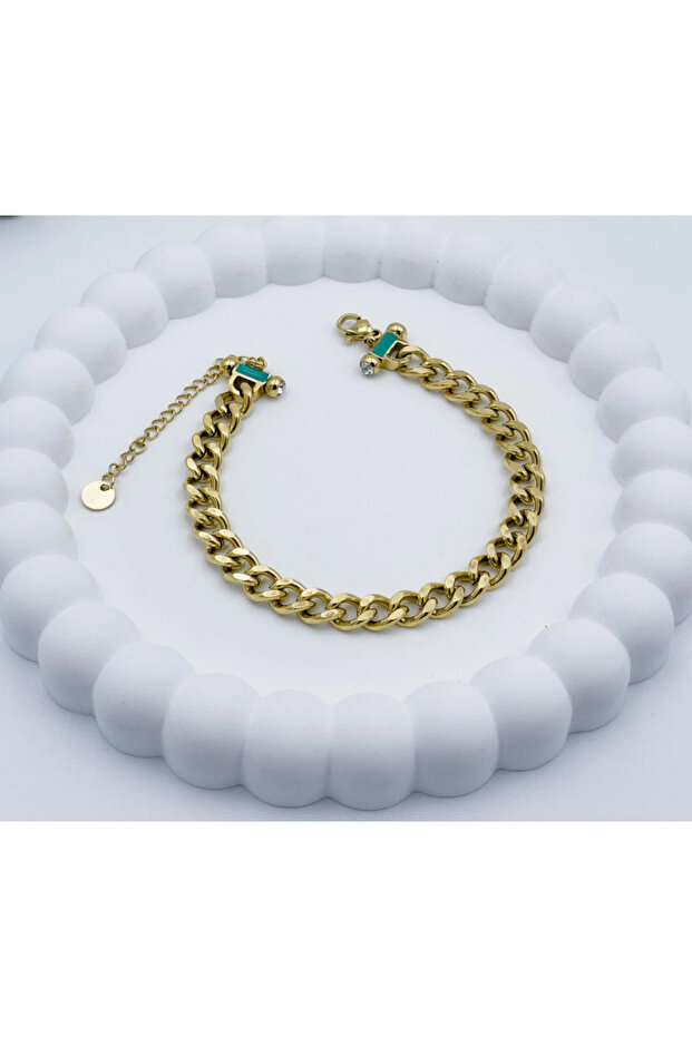 Steel Gold Blue Stone Detailed Bracelet