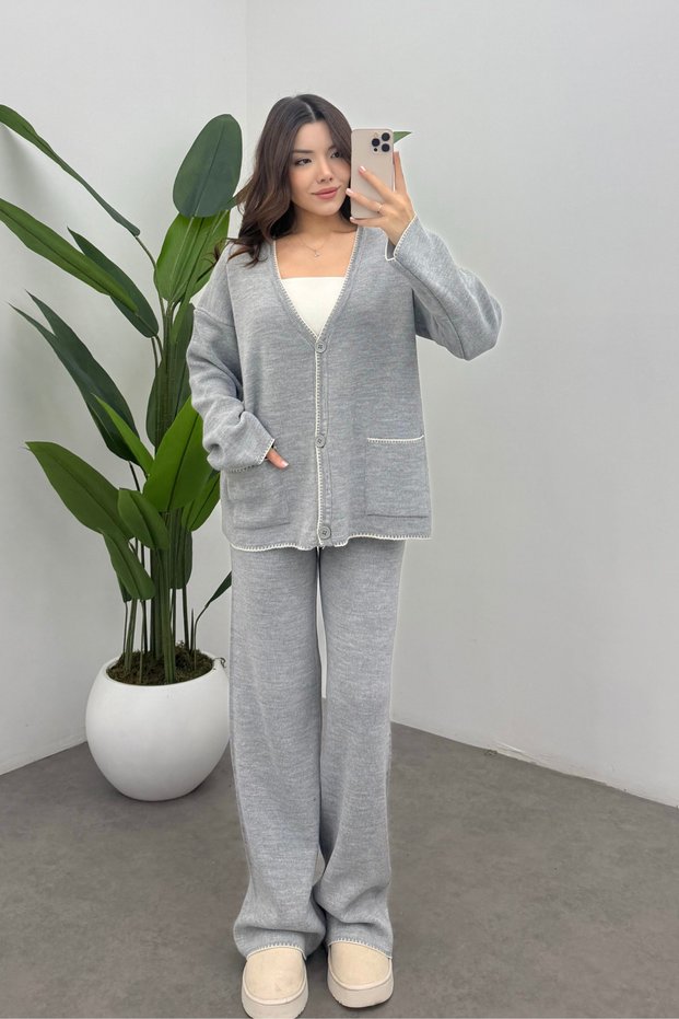 Women's Light Gray Pocket Detailed Shepherd Stitch Cardigan Pants Bottom Top Knitwear Set
