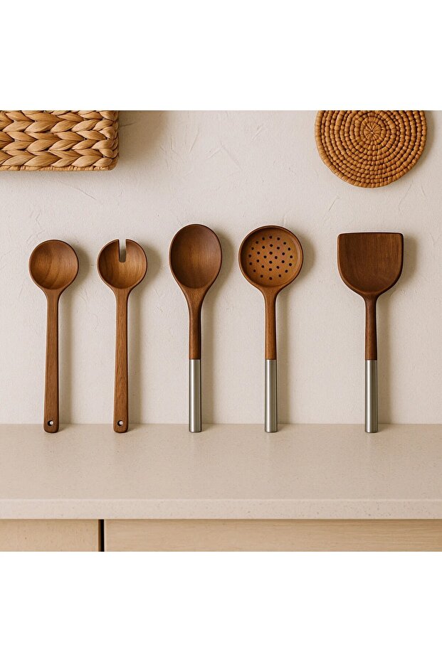 5-Piece Steel-Handled Serving Set - Acacia Serving Spoon Spatula Ladle Set Serving Set