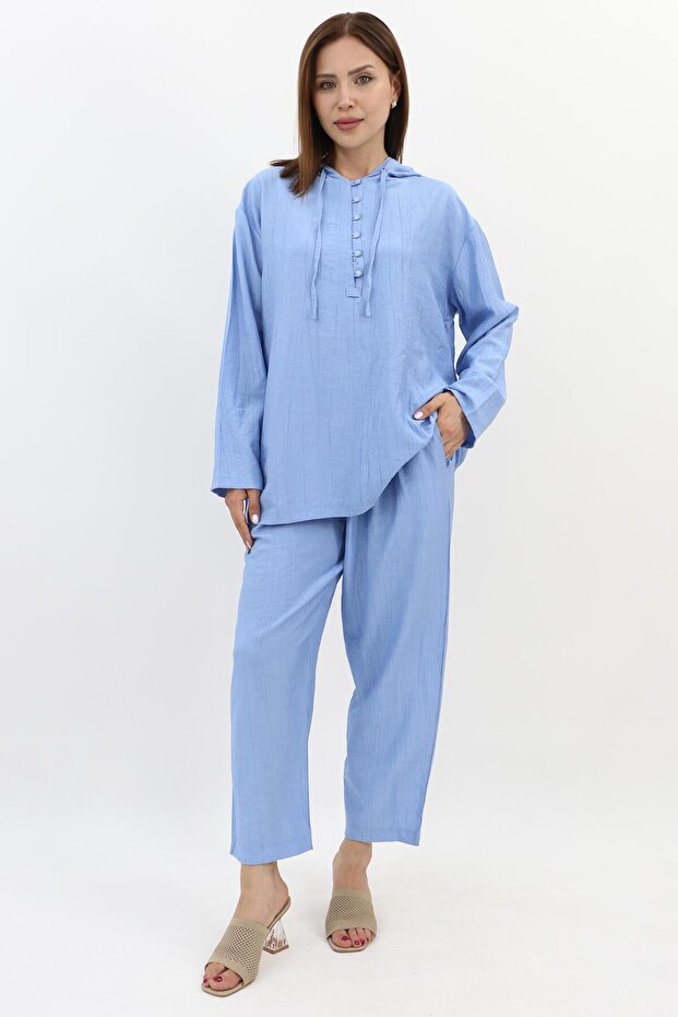 Kumaş Kapüşonlu Basic Takım - Mavi - 1