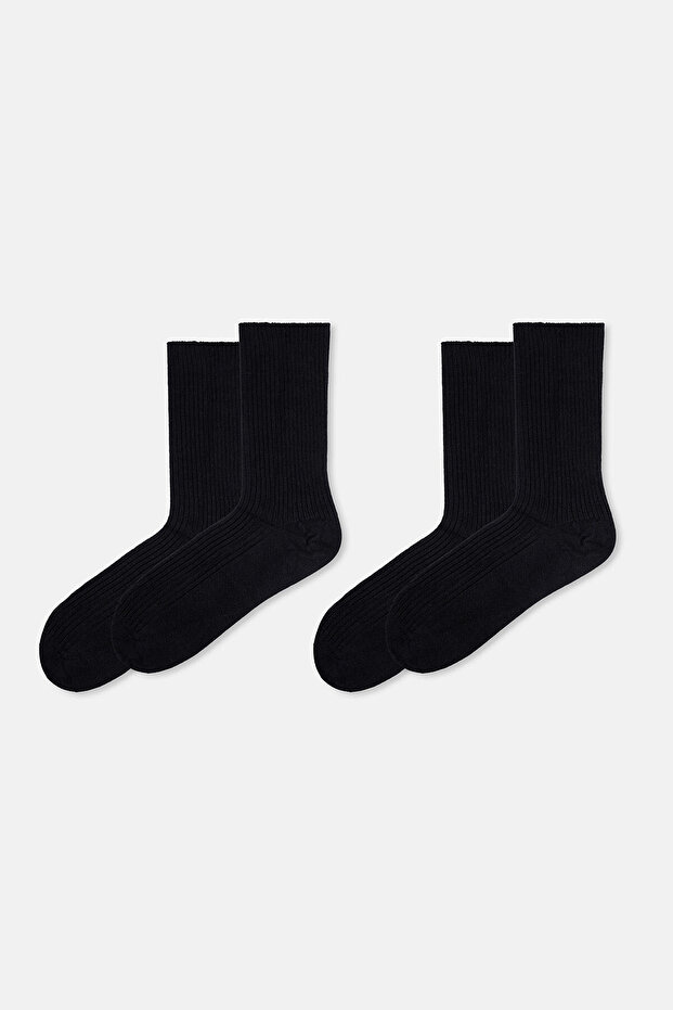 Siyah Kadın 2'li Rib Bambu Çorap - 1