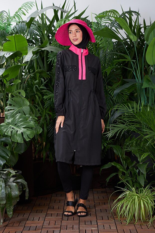 Payet Detaylı Tesettür Mayo - Siyah - 2