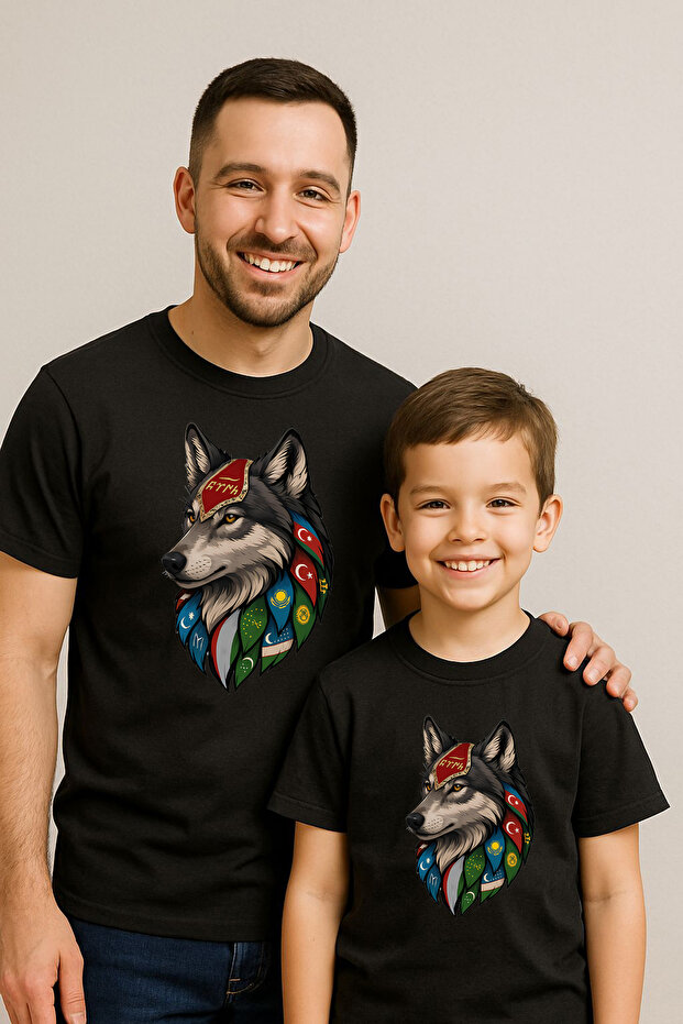 Men's Father Son Black Turkish States Stamped White Wolf T-Shirt - Meaningful Ethnic Design