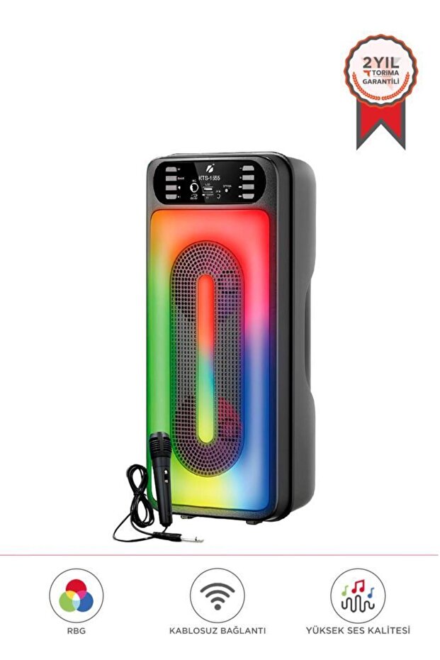 KTS-1555 Siyah Mikrofonlu RGB Ledli Taşınabilir Bluetooth Hoparlör Parti Speaker - 1