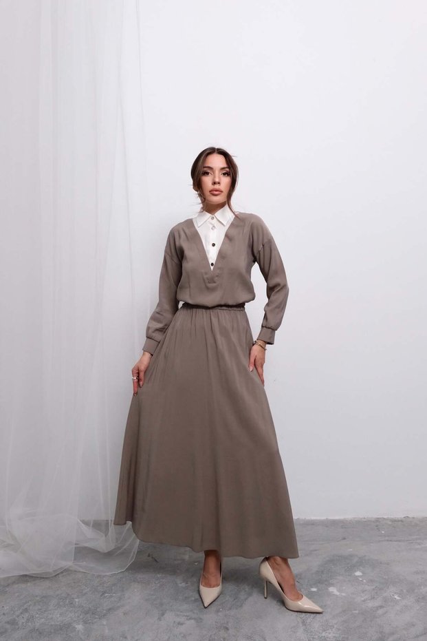 Elastic Waist Long Skirt and Long Sleeve Top Set D003 - Mink