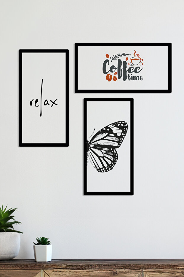 مجموعة طاولات MDF مكونة من 3 قطع بإطار خشبي مع كتابة COFFE TIME RELAX KELEBEK KANADI