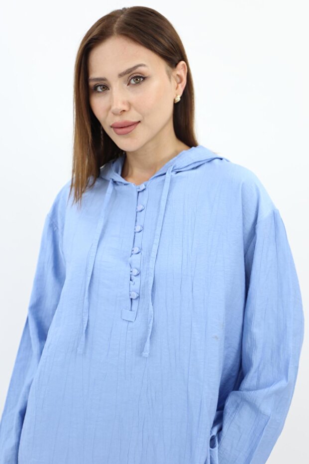 Kumaş Kapüşonlu Basic Takım - Mavi - 5