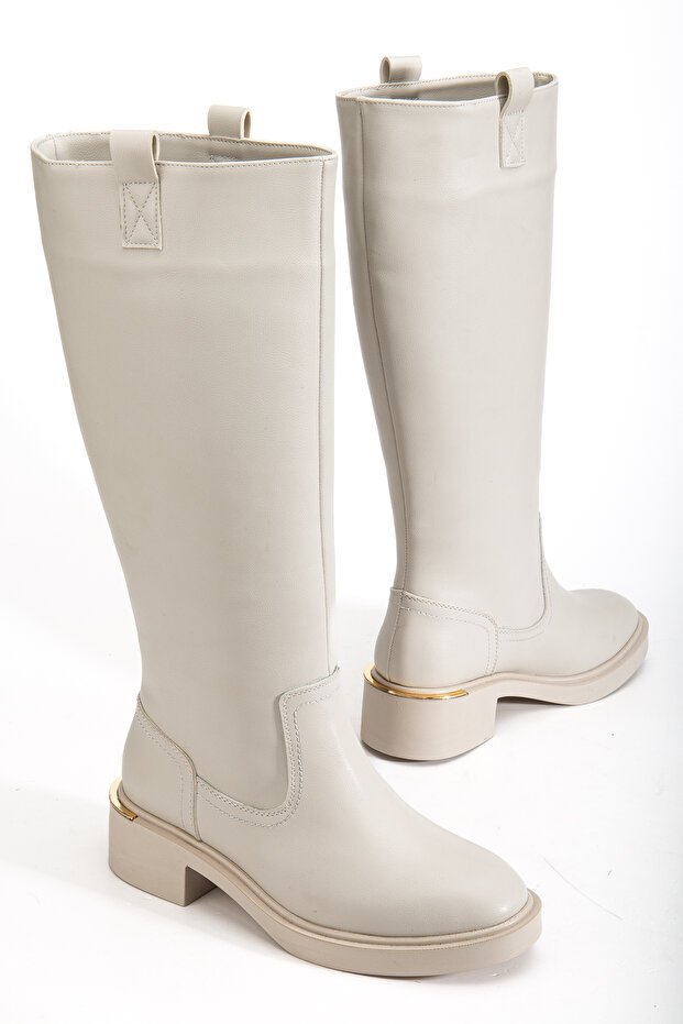 Women's Beige Leather Boots with Gold Detail on the Back