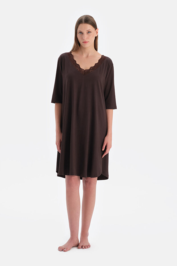 Koyu Kahve V Yaka Dantelli Örme Gecelik - 1