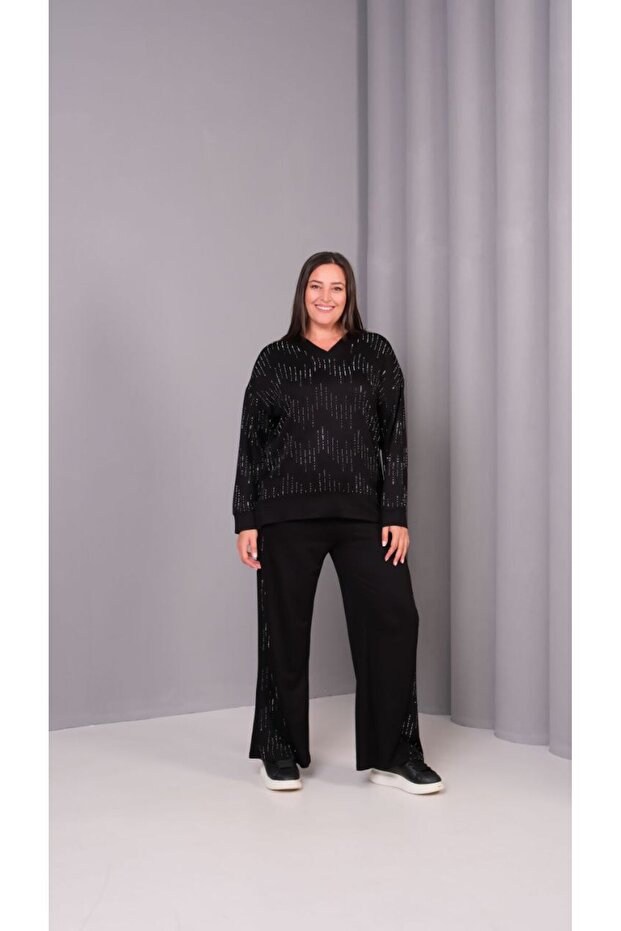 Women's Crystal Fabric Wide Leg Tracksuit Set with Stone Detail