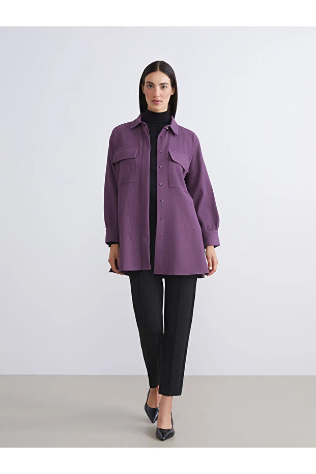 LCW Modest Mor Oversize Kadife Kadın Gömlek Tunik - 2