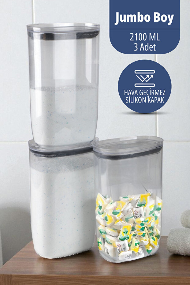 Tablet Toz Deterjan Saklama Kabı Silikon Sızdırmaz Kapaklı Deterjan Saklama Kutusu 2100 ML x 3 Adet - 1