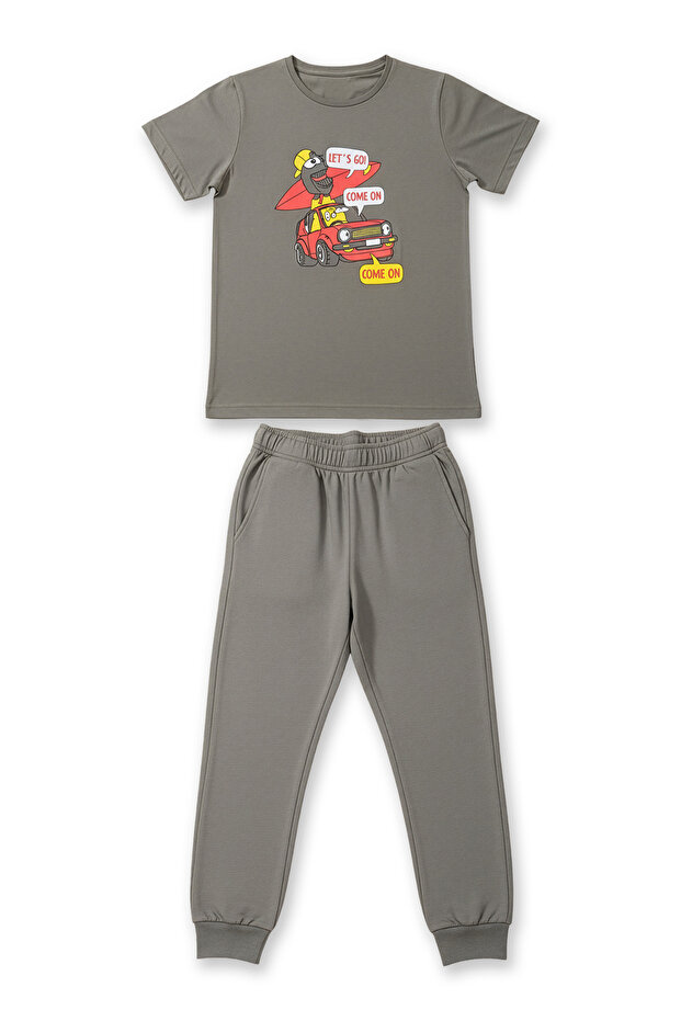 Cotton Short Sleeve Pocketed Leg Band Boys Pajama Set | Khaki