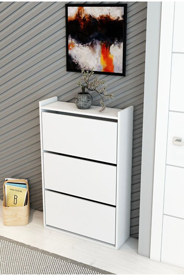 Düşer Kapak Ayakkabılık Kayar Raflı 3 Bölmeli Ayakkabılık Beyaz - 2