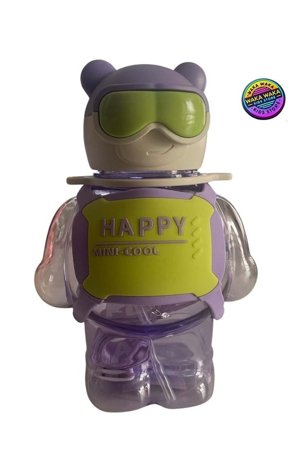 Happy Mini-Cool Teddy Bear Shaped Children's Water Bottle 500 ml Colorful Transparent Water Bottle with Strap