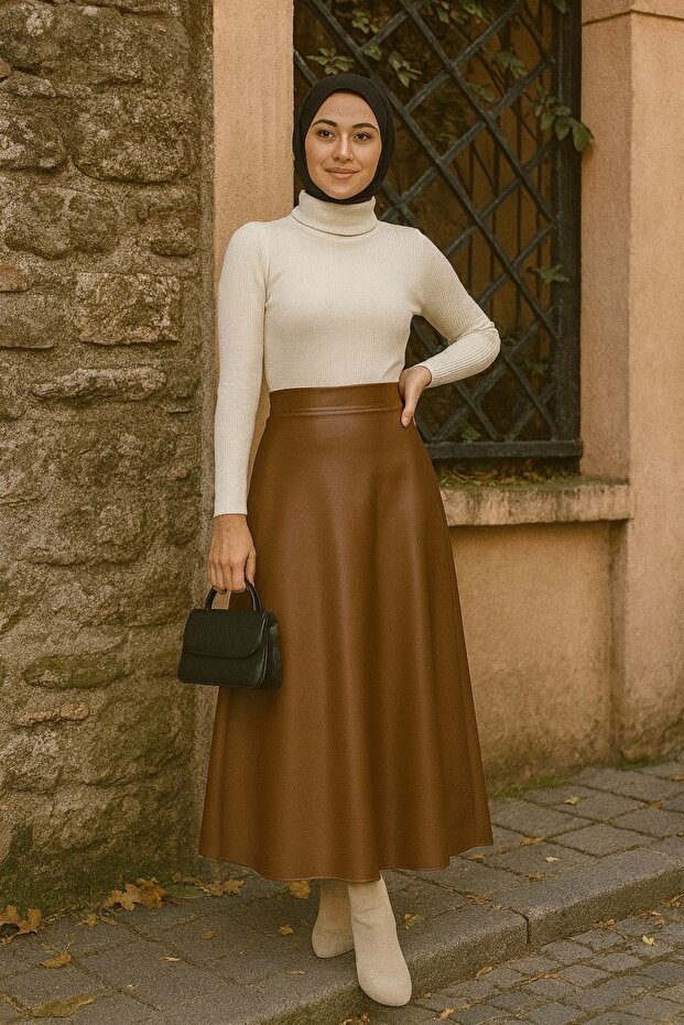 Women's Super Quality Elastic Waist Faux Leather Long Flared Skirt