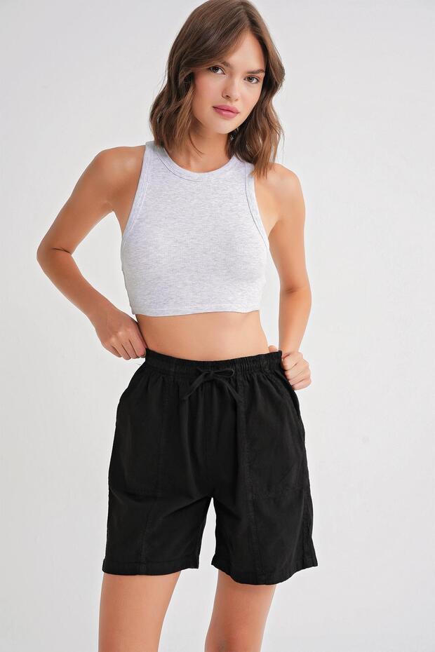 4732 Kadın Şehir Boy Parça Boyalı Basic Şort Siyah - 3