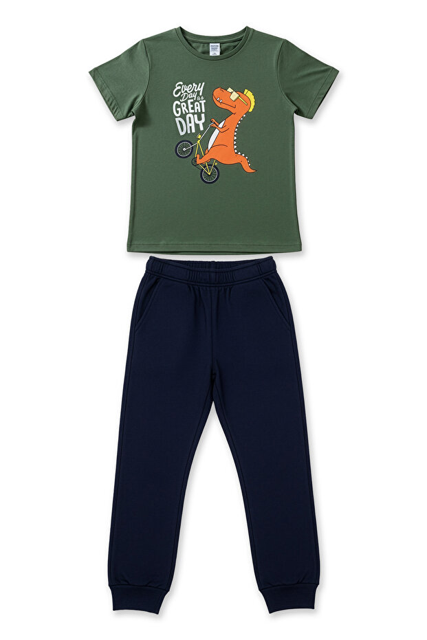 Cotton Short Sleeve Pocketed Leg Band Boys Pajama Set | Green