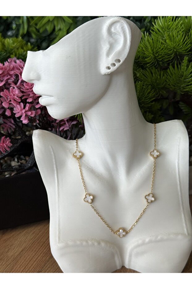 Beyaz Yoncalı Çelik Kolye - 1