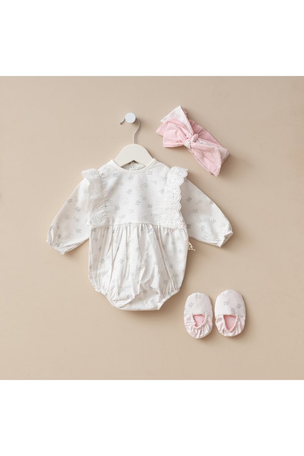 Baby Girl Cotton Romper Newborn Floral Pink Headband and Footed Jumpsuit Set Gift