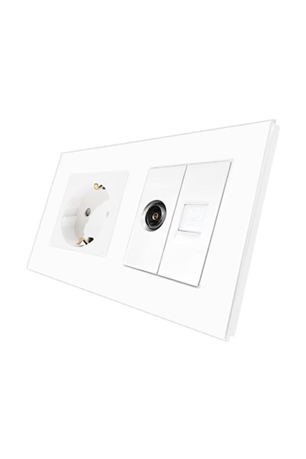 Double Socket 4 Modules (2+2M), 1x Shuko 16A + 1x Internet Socket CAT6 RJ45 + 1x TV Socket, Glass Fr - 1