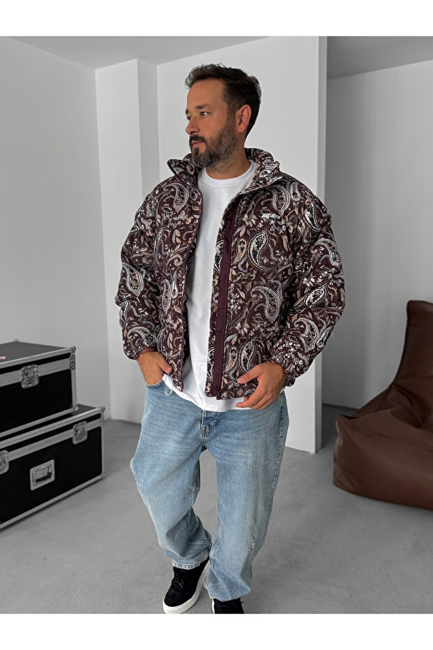 معطف مخملي منقوش باللون البني G-5776/1 - 6