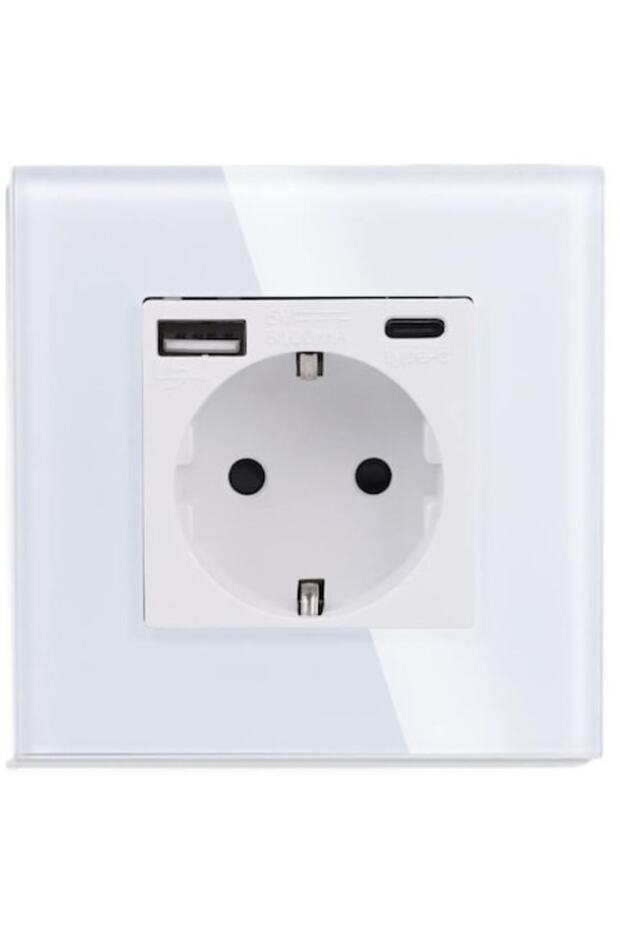 Complete Schuko Socket with USB A+C Port 3, 1A, 20W Fast Charge, Smart Recognition, Glass Frame, Whi - 1