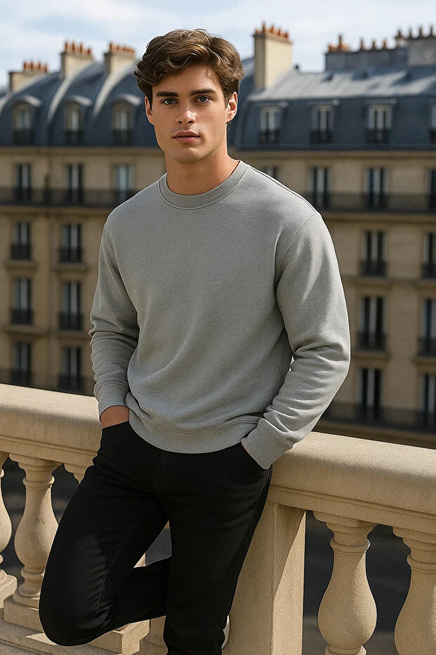 Men's Crew Neck Oversize Basic Gray Sweater - 3