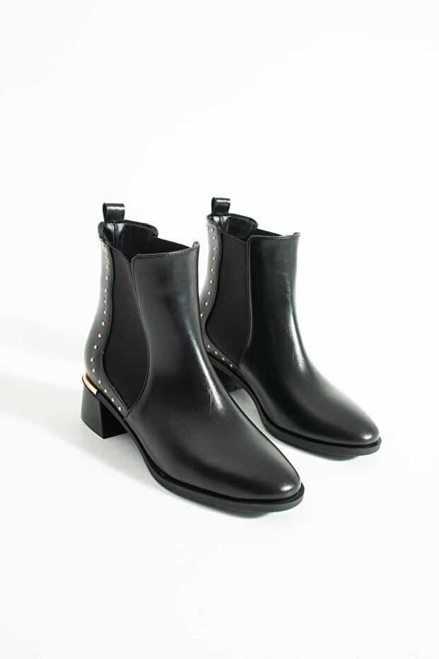 Women's Staple Detail Gold Heel Elastic Heeled Boots Bernaz Black